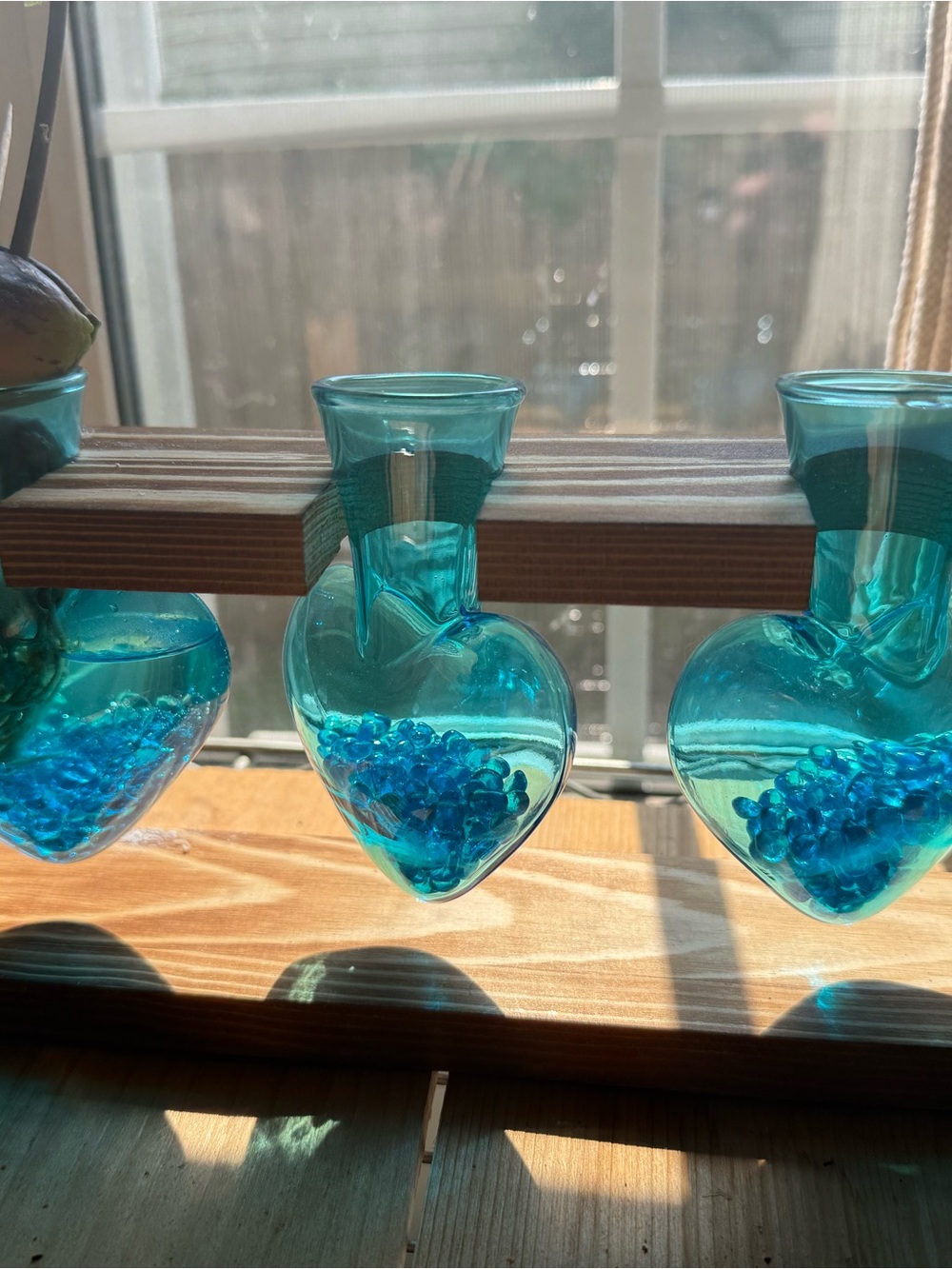 Teal Heart Glass Hanging Vase Set - Decorative Window Accent